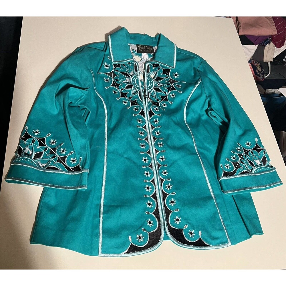 Bob Mackie Womens Wearable Art Turquoise Embroidered Jacket Size Med Zipper‎